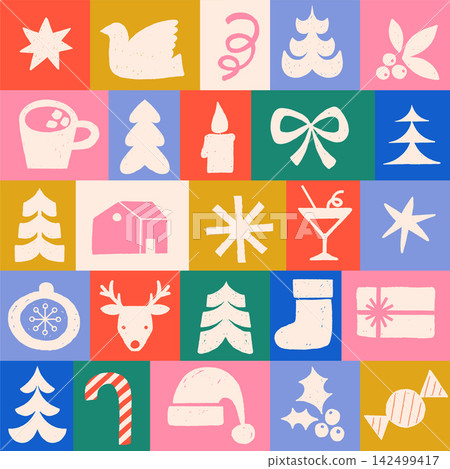 Colorful Christmas icon grid with hand drawn festive holiday symbols and retro Nordic folk art Colorful Christmas icon grid with hand drawn festive holiday symbols and retro Nordic folk art 142499417
