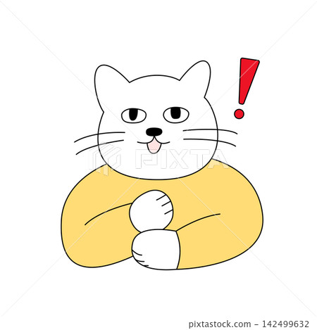 A white cat in a yellow outfit with its arms crossed and a red exclamation mark. A white cat in a yellow outfit with its arms crossed and a red exclamation mark. 142499632