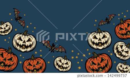 Halloween pumpkins and bats on night sky background horizontal template have blank space. Halloween pumpkins and bats on night sky background horizontal template have blank space. 142499737