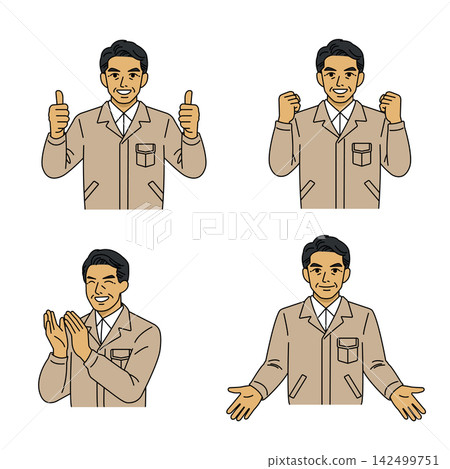 Male boss, beige work uniform, thumbs-up, fist pump, applause, welcome - 4-piece set 142499751
