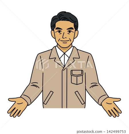 Male boss, beige work uniform, welcome. Male boss, beige work uniform, welcome. 142499753