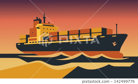 Retro Sunset Cargo Ship Vector Illustration for Logistics Social Media Ads, Vintage Shipping Banner, Ocean Trade Cover Design, and Maritime Transport Promotional Graphic Retro Sunset Cargo Ship Vector Illustration for Logistics Social Media Ads, Vintage Shipping Banner, Ocean Trade Cover Design, and Maritime Transport Promotional Graphic 142499776