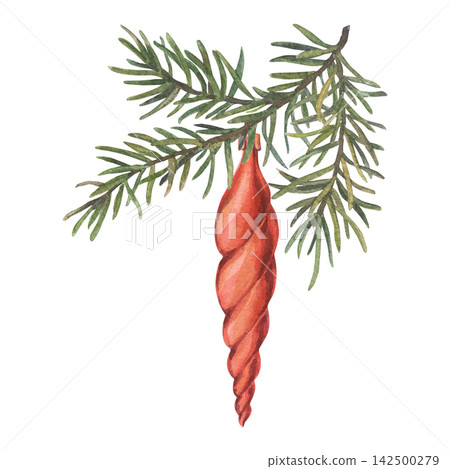 Fluffy green spruce branch with a hanging vintage glossy twisted icicle. Hand-drawn watercolor illustration, isolated on a white background. Perfect for holiday, Christmas decor, gift wrapping design. Fluffy green spruce branch with a hanging vintage glossy twisted icicle. Hand-drawn watercolor illustration, isolated on a white background. Perfect for holiday, Christmas decor, gift wrapping design. 142500279