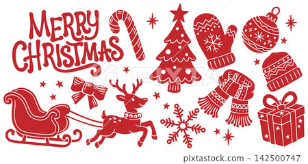 Christmas Hand Drawn Style Santa Set Holiday Icons Christmas Hand Drawn Style Santa Set Holiday Icons 142500747