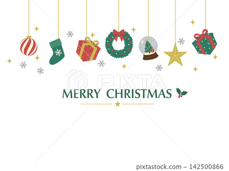 Christmas banner background, ornament illustrations, Christmas wreath, snow globe, stocking, presents Christmas banner background, ornament illustrations, Christmas wreath, snow globe, stocking, presents 142500866