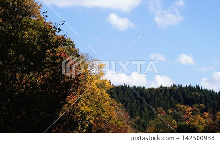 與秋葉和藍天的一座山 與秋葉和藍天的一座山 142500933