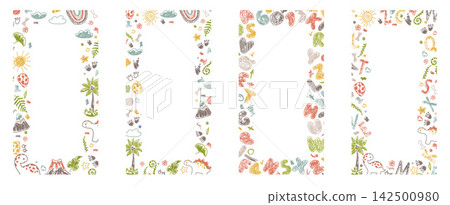 Cute square crayon doodle frame with rough pastel pencil lines 142500980