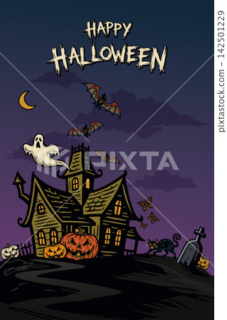 Haunted mansion in Halloween night with bats, pumpkins, ghosts, black cat, graveyard and purple sky vertical background Haunted mansion in Halloween night with bats, pumpkins, ghosts, black cat, graveyard and purple sky vertical background 142501229
