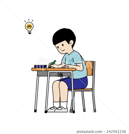 一個小男孩在課堂上解決問題;極簡主義向量插圖,描繪了靈感和微笑。 一個小男孩在課堂上解決問題;極簡主義向量插圖,描繪了靈感和微笑。 142501236