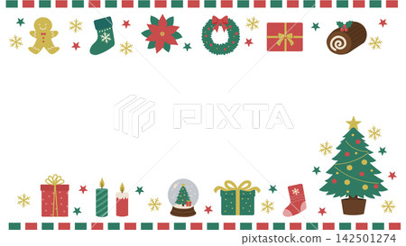 Christmas banner background, ornament illustrations, Christmas wreath, snow globe, stocking, presents Christmas banner background, ornament illustrations, Christmas wreath, snow globe, stocking, presents 142501274
