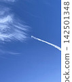 Single White Airplane Contrail Crossing Clear Blue Sky 142501348