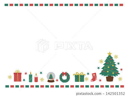 Christmas banner, illustration of Christmas tree and presents, Christmas wreath, stockings Christmas banner, illustration of Christmas tree and presents, Christmas wreath, stockings 142501352