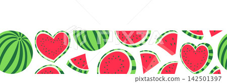 Seamless Watermelon Border Pattern with Slices and Whole Fruit 142501397