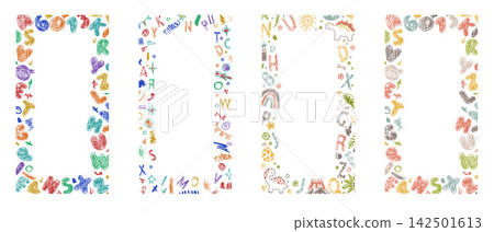 Playful crayon textbox frame with pastel childish doodle border 142501613