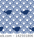 Wave and plover pattern, seamless Japanese design, Seigaiha wave and plover pattern, indigo. 142501806