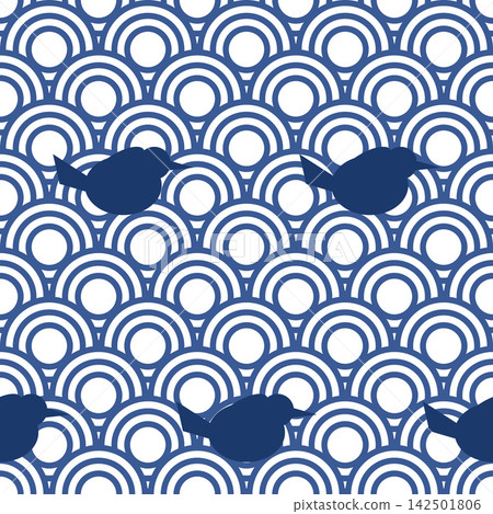 Wave and plover pattern, seamless Japanese design, Seigaiha wave and plover pattern, indigo. Wave and plover pattern, seamless Japanese design, Seigaiha wave and plover pattern, indigo. 142501806