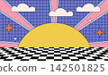 Abstract cartoon background with a sunset. 2D shaped landscape. 142501825