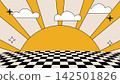 Shaped cartoon background with a sunset. 2D abstract landscape. 142501826