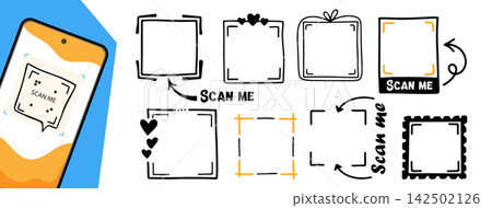 Hand Drawn QR Scan Me Label Set Hand Drawn QR Scan Me Label Set 142502126