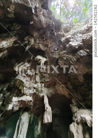 Low angle view of a dark cave exit 142502162