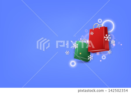Christmas sale banner with shopping packed and snowflakes. Poster, Flyer. Blurred background. 3D Web Vector Illustrations. 142502354