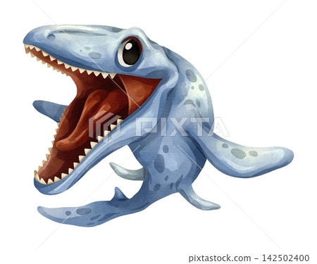 Watercolor mosasaurus marine reptile isolated PNG illustration, featuring a cute hand-drawn blue prehistoric aquatic dinosaur cartoon character on transparent background for digital design and 142502400