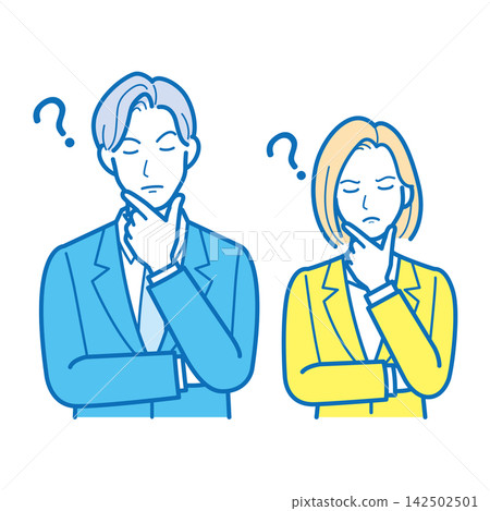 一幅描繪男性和女性商務人士上半身的插圖,他們手托下巴,正在思考某個問題或難題。 一幅描繪男性和女性商務人士上半身的插圖,他們手托下巴,正在思考某個問題或難題。 142502501