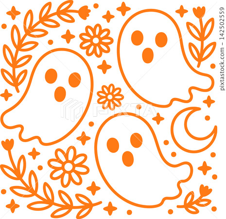 Cute Halloween Ghosts with Moon and Floral Wreath Illustration	 142502559
