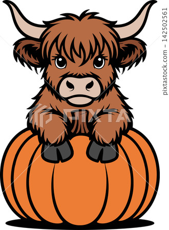 Cute Highland Cow Sitting on Pumpkin Illustration Cute Highland Cow Sitting on Pumpkin Illustration 142502561