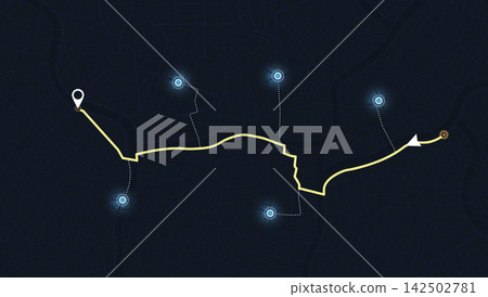 Dark GPS map interface with yellow tracking path and glowing waypoints. Vector illustration. Dark GPS map interface with yellow tracking path and glowing waypoints. Vector illustration. 142502781