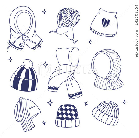 Winter Knitted Headwear Scarf and Bonnet Hand Drawn Set. Line Art. Vector Illustration. Isolated Outline Doodle Beanie, Balaclava, Ushanka Cap Collection for Seasonal Cozy Apparel Graphic. Winter Knitted Headwear Scarf and Bonnet Hand Drawn Set. Line Art. Vector Illustration. Isolated Outline Doodle Beanie, Balaclava, Ushanka Cap Collection for Seasonal Cozy Apparel Graphic. 142503254