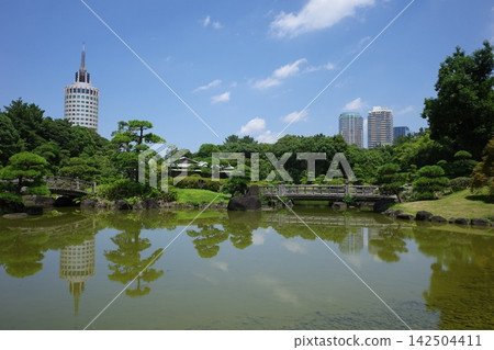 The pond and bridge at Mihamaen Garden in Makuhari Seaside Park The pond and bridge at Mihamaen Garden in Makuhari Seaside Park 142504411