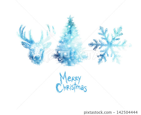 Blue watercolor deer, snowflake and Christmas tree on a white background. Hand drawn. Not AI, vector illustration. Blue watercolor deer, snowflake and Christmas tree on a white background. Hand drawn. Not AI, vector illustration. 142504444