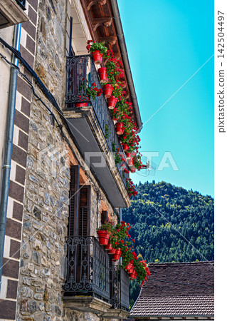 Strolling through Isaba in Roncal valley, Pyrenees, Navarre in Spain with brownish tiled roofs of residential buildings Strolling through Isaba in Roncal valley, Pyrenees, Navarre in Spain with brownish tiled roofs of residential buildings 142504497