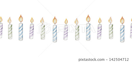 Watercolor birthday burning candles in various colors and striped patterns. Seamless border. Template for greeting card, invitation. Hand painted illustration isolated on transparent background 142504712