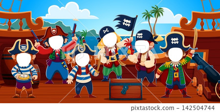 Caribbean kid pirates photobooth photo cutout face holes. Cartoon pirate ship photo booth featuring treasure chest, cannon, parrot and wooden deck for children birthday event and school carnival Caribbean kid pirates photobooth photo cutout face holes. Cartoon pirate ship photo booth featuring treasure chest, cannon, parrot and wooden deck for children birthday event and school carnival 142504744