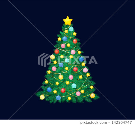 Christmas tree with decorations baubles and stars for winter holiday, cartoon vector icon. Pine or fir tree decorated with Xmas ornaments and golden tinsel for New Year and Christmas holiday greetings Christmas tree with decorations baubles and stars for winter holiday, cartoon vector icon. Pine or fir tree decorated with Xmas ornaments and golden tinsel for New Year and Christmas holiday greetings 142504747