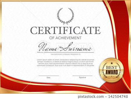 Award diploma certificate of achievement template with red frame, luxury ornament and golden seal. Elegant award document for graduation diplomas, school honors and printable achievement templates Award diploma certificate of achievement template with red frame, luxury ornament and golden seal. Elegant award document for graduation diplomas, school honors and printable achievement templates 142504748