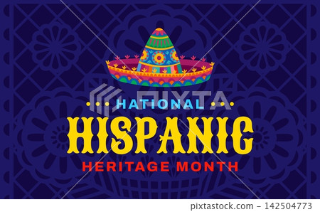 National Hispanic heritage month papel picado banner with sombrero hat. Vector Mexican background, Mexico Spain, Latino festival and Spanish event holiday celebration postcard with mariachi cap 142504773