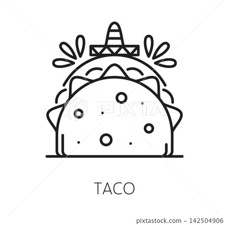 Taco line icon for Mexican holiday and Mexico food or traditional cuisine sandwich. Taco with sombrero hat icon, Mexican fast food or Latin tortilla dish for culture and ethnic tradition symbol Taco line icon for Mexican holiday and Mexico food or traditional cuisine sandwich. Taco with sombrero hat icon, Mexican fast food or Latin tortilla dish for culture and ethnic tradition symbol 142504906