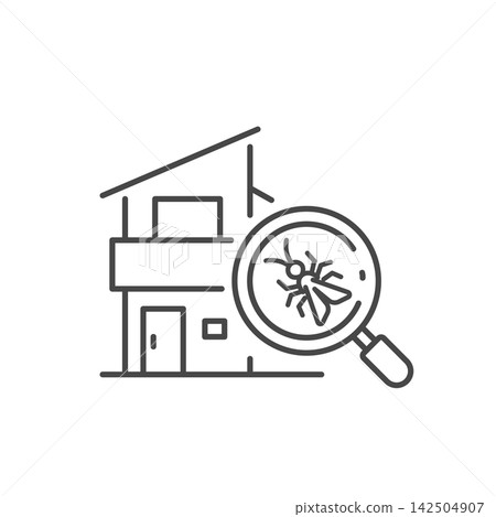 Vector icon of a house and magnifying glass, inspired by termite inspection (line drawing, monochrome) Vector icon of a house and magnifying glass, inspired by termite inspection (line drawing, monochrome) 142504907