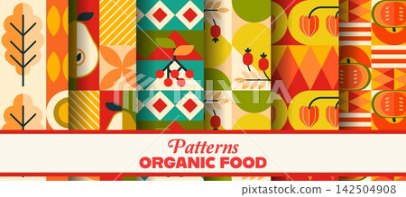 Organic food and autumn harvest seamless geometric patterns. Vector abstract farm food tile backgrounds with fruits, plants, leaves, veggies and retro modern shapes of nature, seasonal eco crop Organic food and autumn harvest seamless geometric patterns. Vector abstract farm food tile backgrounds with fruits, plants, leaves, veggies and retro modern shapes of nature, seasonal eco crop 142504908