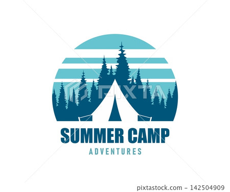 Summer forest camping icon with white triangular tent and pine forest silhouettes. Modern emblem with striped teal circle for travel agency branding, hiking gear packaging and nature retreat marketing Summer forest camping icon with white triangular tent and pine forest silhouettes. Modern emblem with striped teal circle for travel agency branding, hiking gear packaging and nature retreat marketing 142504909
