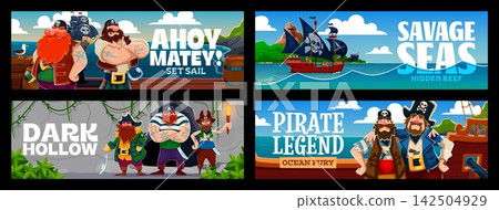 Cartoon pirate crew sailor characters and corsairs sailing on sailboat ship in Caribbean sea. Pirate characters, captain sailor with boatswain and skipper at treasure island in ocean or boat deck Cartoon pirate crew sailor characters and corsairs sailing on sailboat ship in Caribbean sea. Pirate characters, captain sailor with boatswain and skipper at treasure island in ocean or boat deck 142504929
