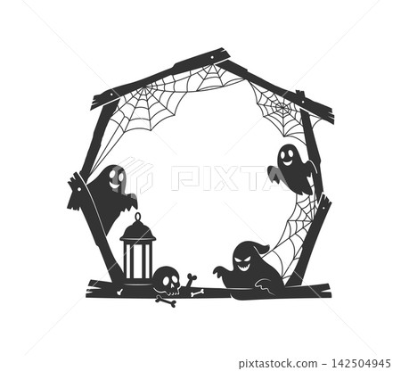 Halloween frame with spooky ghost silhouettes and scary skeleton bones borders. Halloween holiday frame with dead skull and creepy boo eerie with lantern and spider cobwebs or spiderwebs Halloween frame with spooky ghost silhouettes and scary skeleton bones borders. Halloween holiday frame with dead skull and creepy boo eerie with lantern and spider cobwebs or spiderwebs 142504945