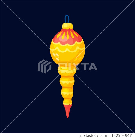 Christmas bauble icicle ornament for winter holiday and Xmas tree decoration, cartoon vector icon. Golden icicle bauble with festive ornament for Christmas tree toy decor and New Year greeting Christmas bauble icicle ornament for winter holiday and Xmas tree decoration, cartoon vector icon. Golden icicle bauble with festive ornament for Christmas tree toy decor and New Year greeting 142504947