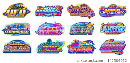 Retro Y2K space galaxy universe element icons of alien UFO spaceship, vector set. Y2K neon acid color icons of abstract space invader quote, galaxy planets and stars in sky with martian UFO technology 142504952