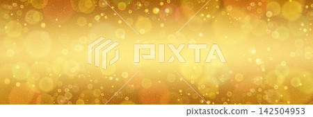 Champagne gold glitter gradient background with golden sparkles and bokeh lights, magic shimmer overlay shine texture. Vector luxury pattern with warm yellow glow, bubbles, soft blur and bright effect 142504953