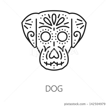 Dog calavera skull icon for Mexican Day of the Dead or Dia De Los Muertos holiday symbol. Animal skeleton head with Catrina calavera sugar skull and marigold flowers ornament for Day of the Dead 142504979