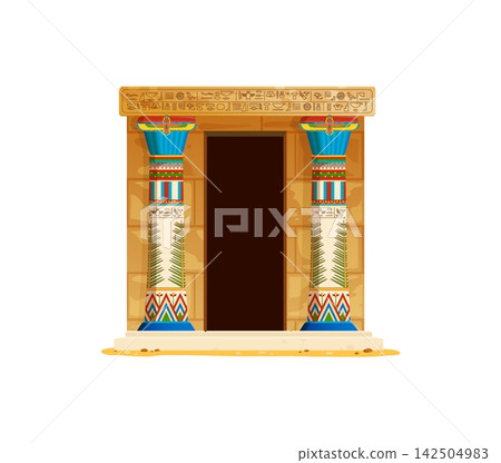 Ancient Egypt temple arch, game asset. Egyptian pyramid entrance with decorated lotus columns, carved hieroglyphs and winged scarabs. Tomb doorway in sandstone wall with painted patterns, old portal Ancient Egypt temple arch, game asset. Egyptian pyramid entrance with decorated lotus columns, carved hieroglyphs and winged scarabs. Tomb doorway in sandstone wall with painted patterns, old portal 142504983